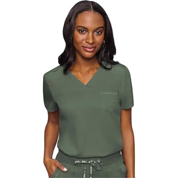 Women's V-Neck Scrub Top, Modern Fit Tuck-in Top with Stretchy Rib-Knit Shoulder - Picture 7 of 7